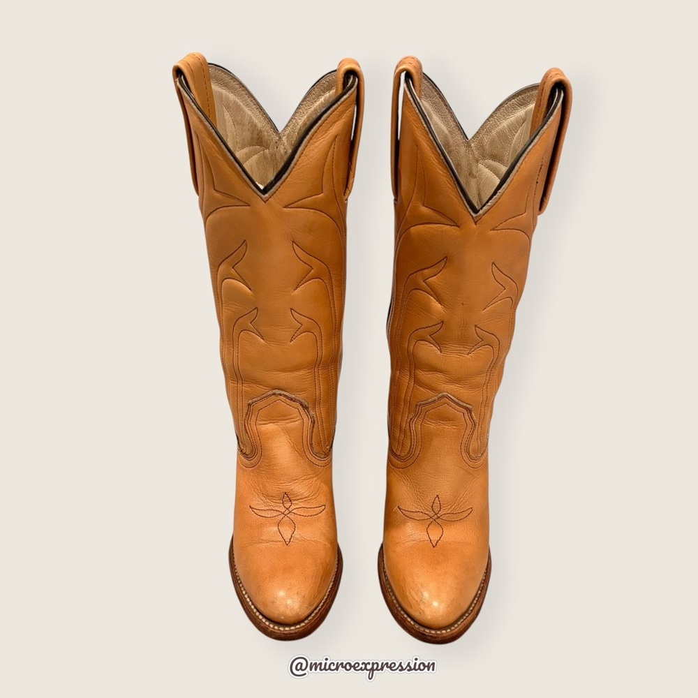 1980 VINTAGE Frye Leather PullOn Tan Cottagecore Embroidered Cowboy Western Boot - Picture 8 of 15